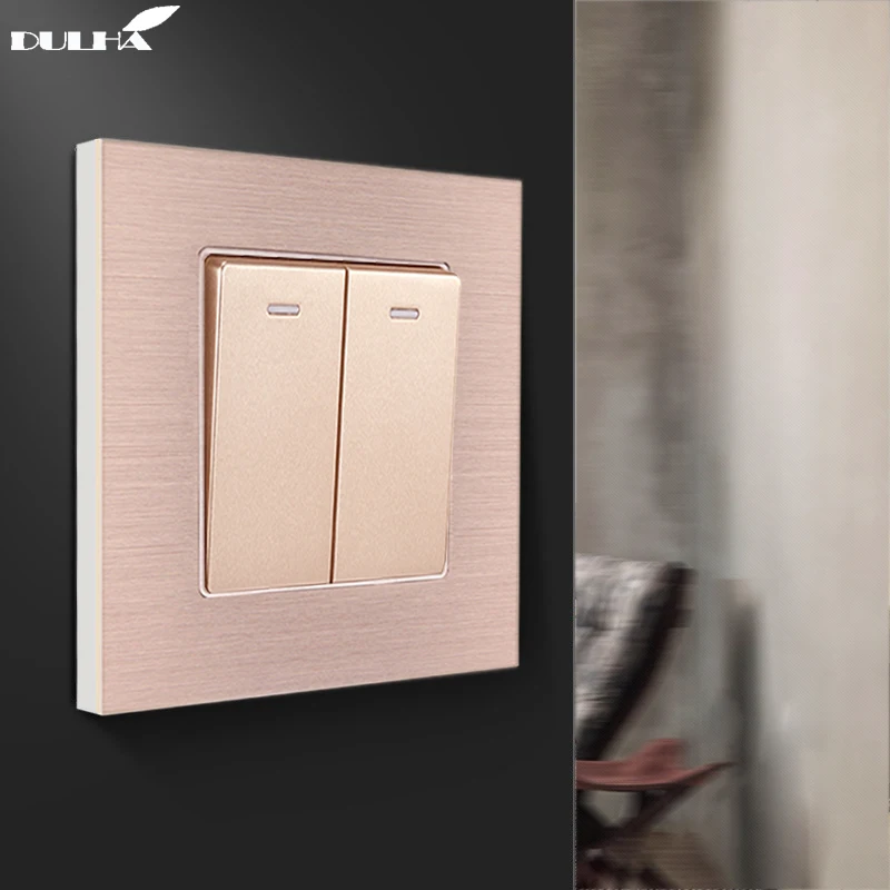 

2 Gang 1 Way Wall Light Switch Luxurious Champagne Gold Brushed Aluminum Satin Metal Panel Electric Push Button Rocker Switches
