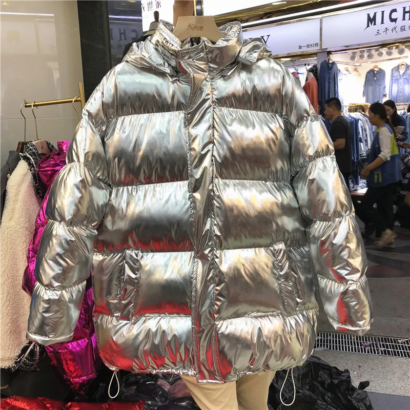 Модное яркое хлопковое пальто для девочек; женская серебряная парка; зимняя утепленная теплая куртка; Повседневная Свободная Женская одежда; парки на хлопковой подкладке для студентов
