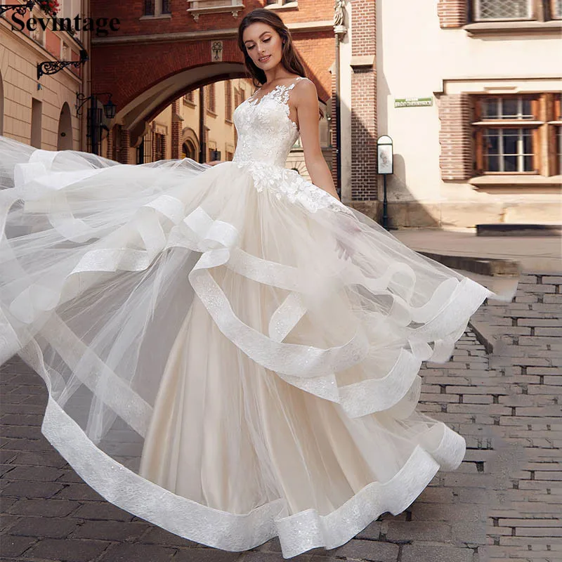 

Sevintage Elegant Tiered Wedding Dresses Boho Sleevelss Tulle Bride Gowns Floor Length Corset Bridal Dress robe de mariee 2020