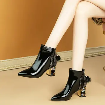 

Genuine Leather Elegant Thick Heels boots Female crystal Decoration Shoes woman boots 2020 Newest Office Lady Party Shoes Woman