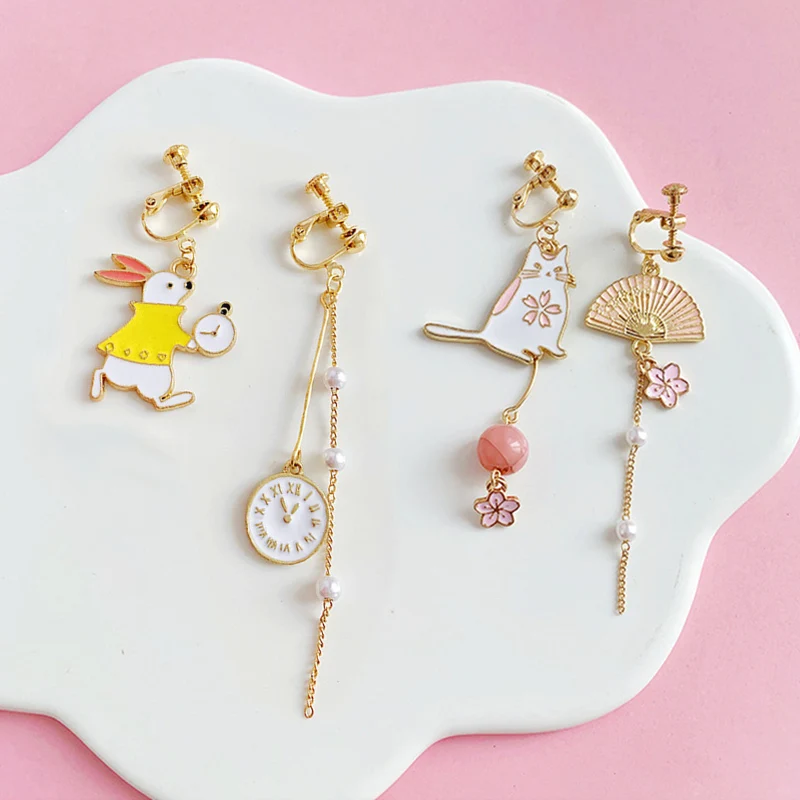 2019 Korea New Gold Color Asymmetric Animal Elephant Rabbit Bear Cat Ear cuff No Piercing Pearl Long Clip Earrings For Women | Украшения и