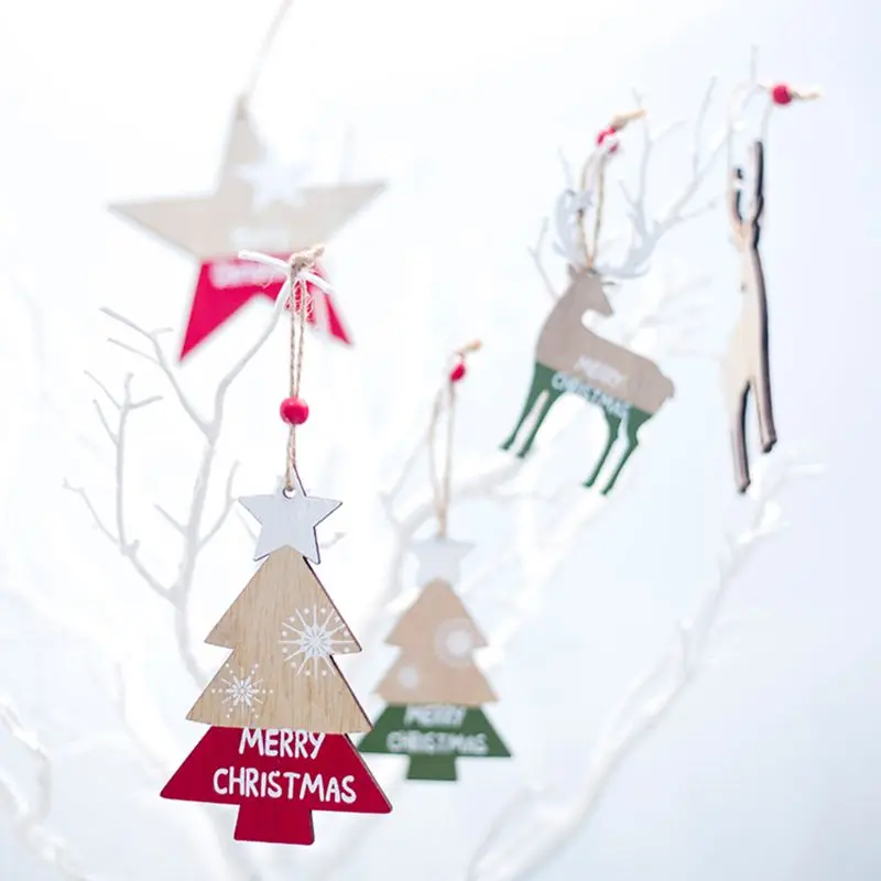 

10pcs Christmas Star Snowman Angel Deer Wooden Pendants Xmas Tree Ornament DIY Wood Crafts Kids Gift for Home Party Decoration