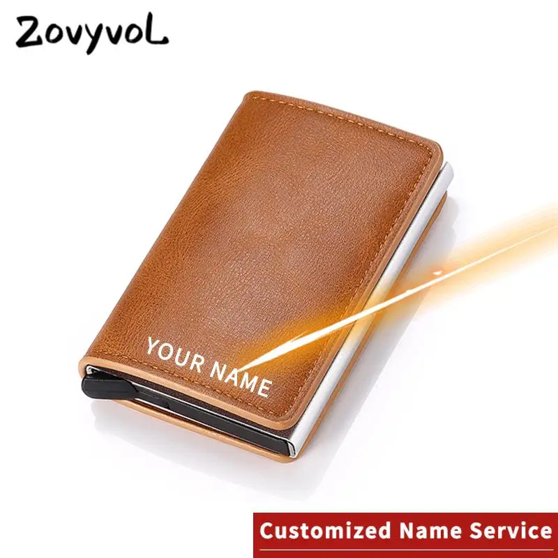 Zovyvol letras en láser cartera 2021 nueva aleación de aluminio Rfid Anti-robo de la Pu de los hombres de cuero Cartera de titular de la tarjeta de Banco tarjeta billetera