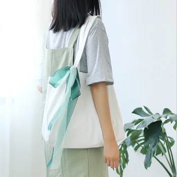 

Women Canvas Tote Bag Bow Shoulder Cloth Bags Ladies Duty Cotton Environmental Shopping Bags Small Fresh