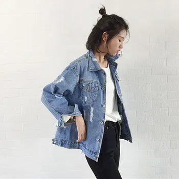 

2019 Spring Fall Korea Women Ripped Hole Denim Jacket Pockets Female Long Sleeve Basic Jeans Jacket Loose Casual Denim Coat