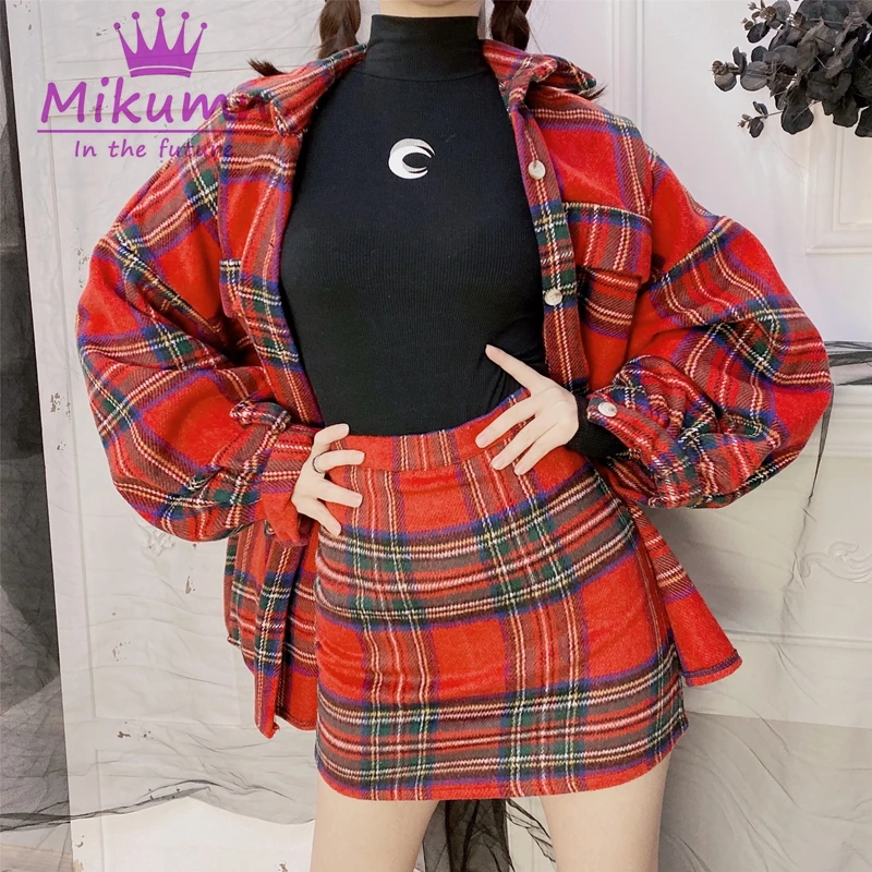 Новые зимние женские шерстяные мини юбки Harajuku в стиле панк зеленая красная клетчатая юбка милые Сексуальные облегающие Женские юбки с высокой талией Saias