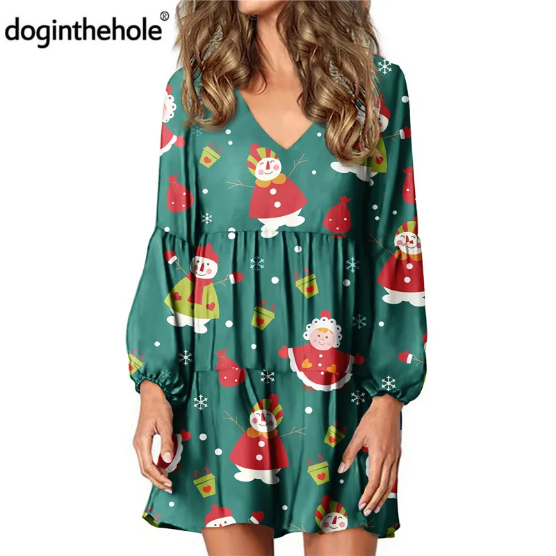 

Doginthehole Green Christmas Pattern Women's Long Sleeve Swing Dress Large Size Casual Loose Streetwear For Female V-Neck Tunic
