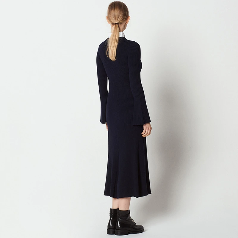 Tunjuefs, облегающее трикотажное платье с разрезом, для женщин, Vestido, с оборками, элегантное облегающее платье, Femme, пуловеры с длинным рукавом, Осень-зима
