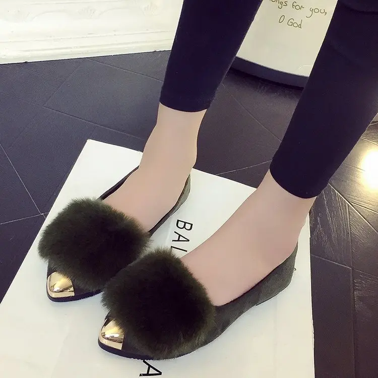 

Winter Shoes Fur Woman Flats Gold Pointed Toe Slip on Flat Shoes Plush Warm Women Loafers Faux Fur zapatos muje fgb78