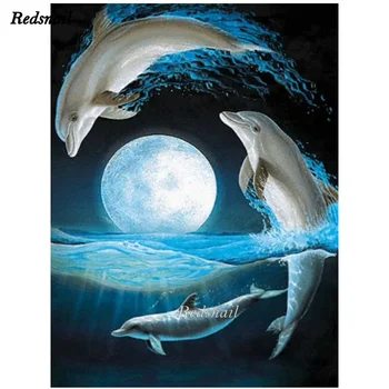 

5D Diamond Painting moon dolphins Full Round Square Diamond Embroidery Animal Diy Mosaic Picture Of Rhinestone Decor EE1084