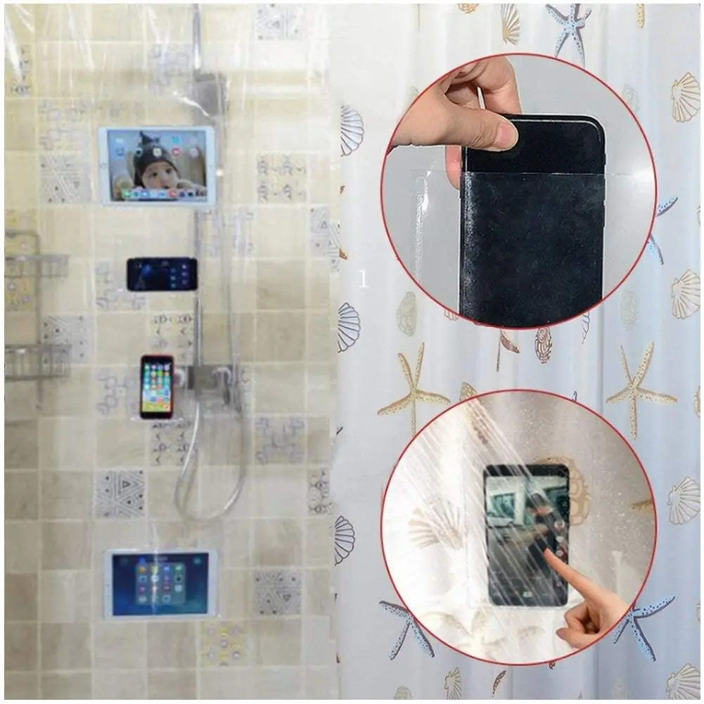 

Transparent Clear Waterproof PEVA Pocket Shower Curtain Bathing Organizer Bathroom Curtains with Hooks For Phones Tablets D30