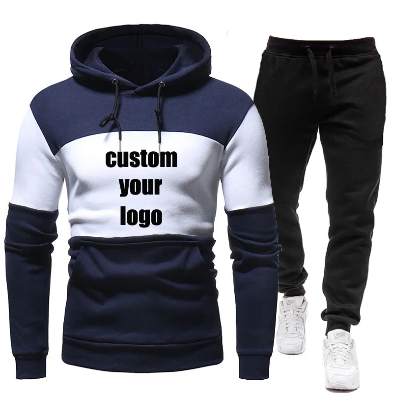 Custom Logo Men Sets Autumn Winter Casual Jogging Tracksuit Splice Hoodies+Pants 2 Piece Sets Men's Sportswear Suit Clothing