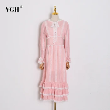 

VGH Elegant 2020 Dresses Women Bandage Bowknot O Neck Long Sleeve Lace Patchwork Dress Female 2020 Spring Fashion