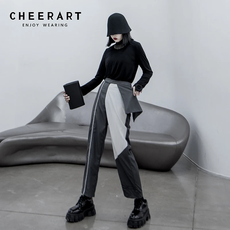 Женские длинные брюки CHEERART дизайнерские в полоску с высокой талией стиле пэчворк