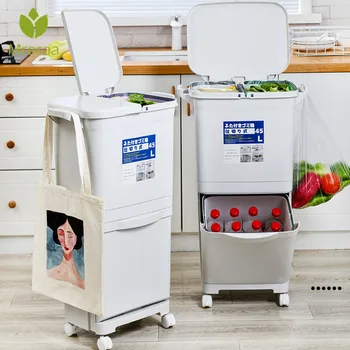 

Kitchen Trash Can Recycle Bin Sorting Trash Bin Household Dry And Wet Separation Waste Bin Classification Rubbish Bin with wheel