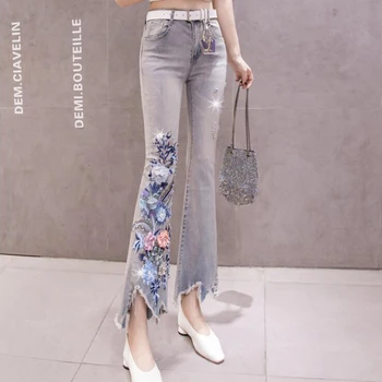 

2020 Women's beaded sequined flower raw hem pants Ladies Large Size High Elastic Embroidery Feet Stretch Slim Wild Casual Jeans
