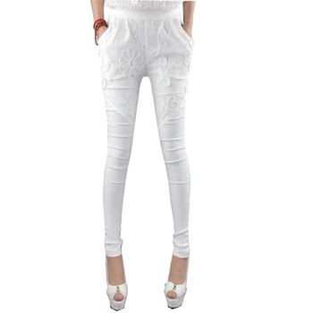 

Women White Pants Spring Autumn Fashion Stereo Flower Lace White Pencil Pants Skinny Slim Long Fitness Leggins Femme Mid-waist