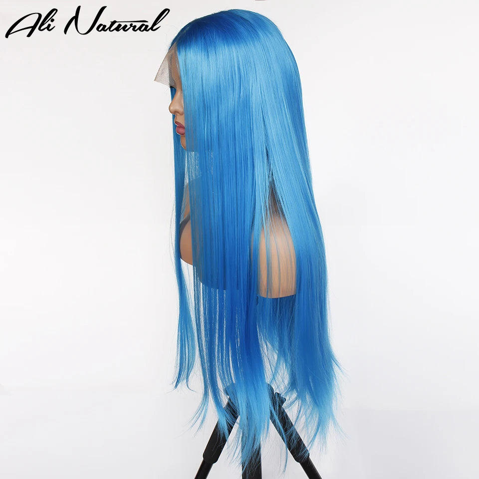Perruque Lace Front Wig synthétique sans colle pour femmes noires, cheveux lisses, bleu clair, avec Baby Hair, fibre de 22 pouces