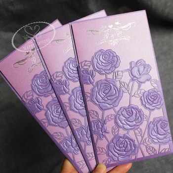 

Free Shipping HI3016 Custom Laser Cut Wedding Invitations in Lilac Purple with Rose Flowers Invitation Card with Silver Foil