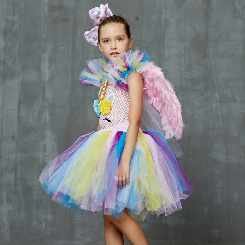 Kids Girls Unicorn Tutu Dress Pastel Rainbow Flower Princess Girl Birthday Party Dress Handmade Pageant Halloween Tutu Costume (3)