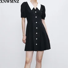 XNWMNZ Women 2020 Chic Fashion Patchwork Button-up Denim Mini Dress Vintage Lapel Collar Short Sleeve Female Dresses Mujer za