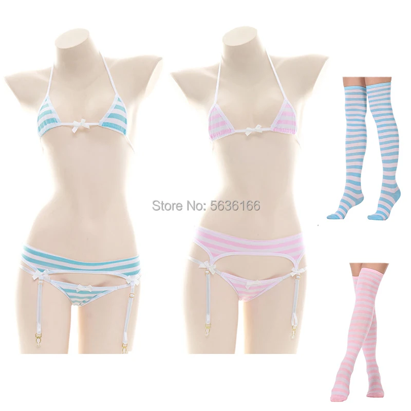 Lingerie sexy giapponese Lolita Kawaii Blu Rosa Bianco a strisce Mini bikini Cosplay per adulti Costumi erotici Reggiseno da donna_voghion.com