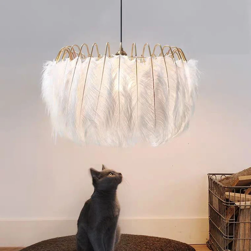 Modern LED Chandelier Nordic Luxury White Feather Round Chandelier Children's Room Chandelier Bedroom Chandelier Indoor Lighting