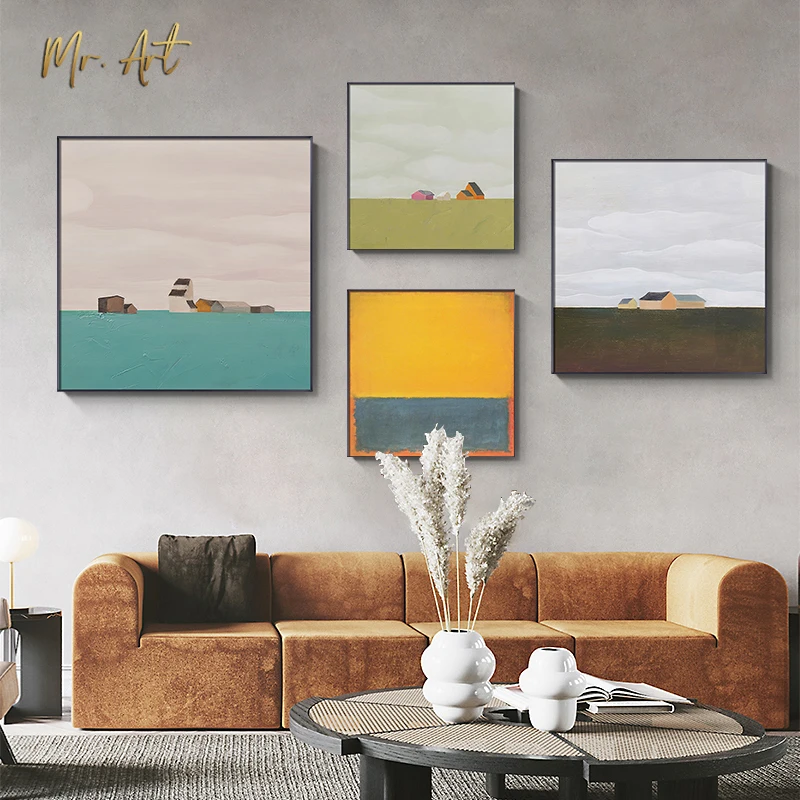 

Modern Canvas Painting Color Blocks and Houses Poster Wall Art Pictures for Living Room Bedrooom Scandinavian Square Home Decor