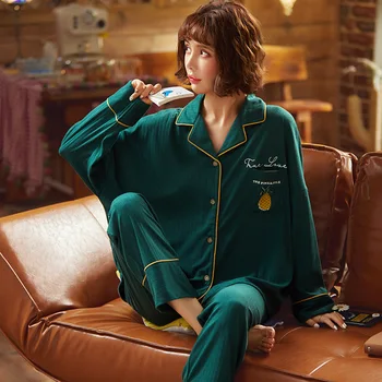 

Winter Ladies Pajamas Set Cotton Turn-down Collar Sleepwear Casual Cardigan Nightwear Long Sleeve Loungewear Women