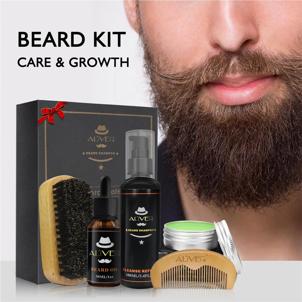 

Male Beard Growth Oil Kit Beard Brush Beards Balm Oil Comb Shampoo Essence Set Barber Use Daily Care Suite Hair Men Beard Set