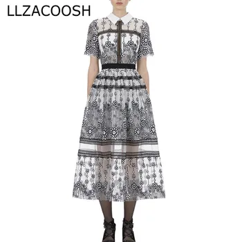 

Self Portrait Dress 2020 Spring Women Turn Down Collar Flower Embroidery Patchwork Sequined Mesh Party Dress Dress