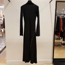 Женское платье осень/Новинка зимы и декоративной жемчужной отделкой с длинными рукавами Тонкий Разделение женское платье