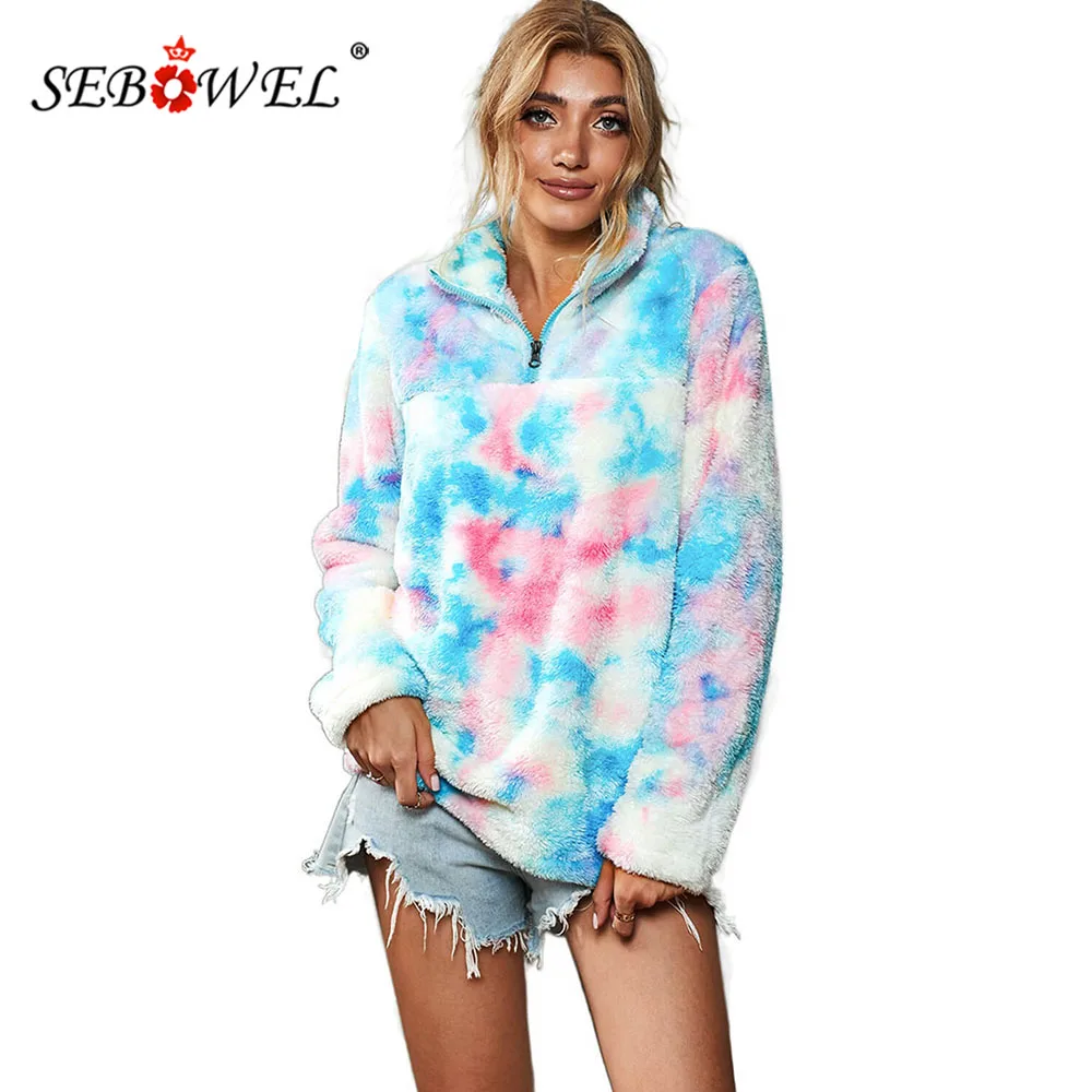 

SEBOWEL Rainbow Tie Dye Pullover Sweatshirts for Women Autumn Winter Long Sleeve Female Multicolour Plush Sweatshirt Top S-XXL