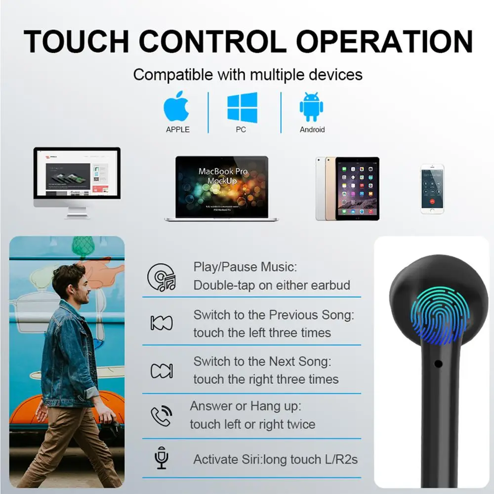 Bluetooth 5 0 Touch Control Wireless Earbuds TWS Stereo Headphones Built in Mic 30 Hours Playtime Deep Bass Sports Earphone