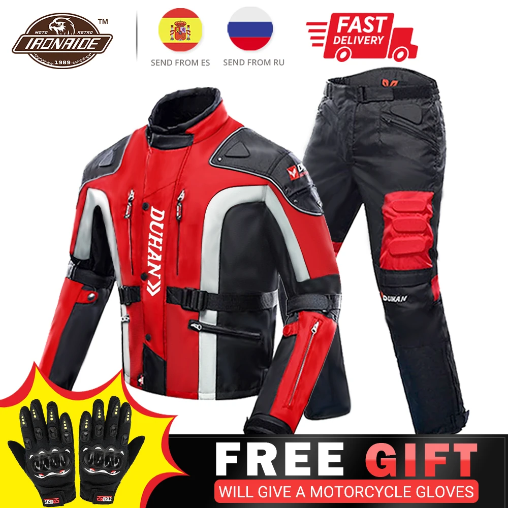DUHAN Autumn Winter Cold-proof Motorcycle Jacket Moto+Protector Motorcycle Pants Moto Suit Touring Clothing Protective Gear Set