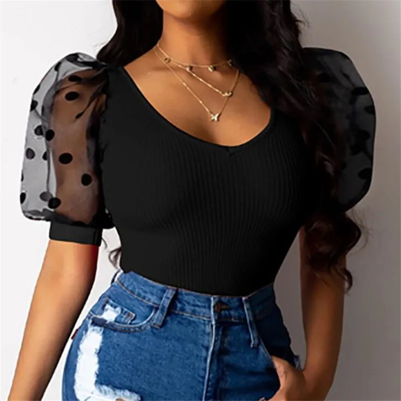 Women Sheer Mesh Puff Sleeve Blouse Shirts Women Summer Blusas Female Pullovers Elegant New See Through Tops Ribbed Shirt /BY