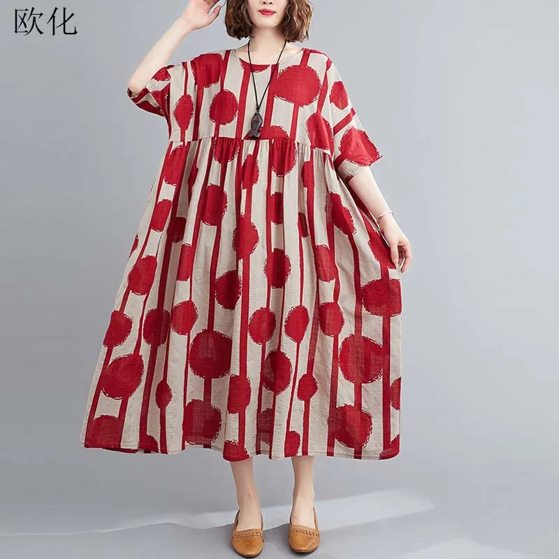 Vintage Women Red Polka Dot Dress Plus Size 4XL 5XL 6XL Cotton Linen Maxi Dresses Robe Femme Big Swing Boho Summer Sundress 2020 | Женская