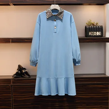 

plus size women Leopard patchwork autumn dress 2020 new long sleeve turn down collar loose casual Pleated dresses