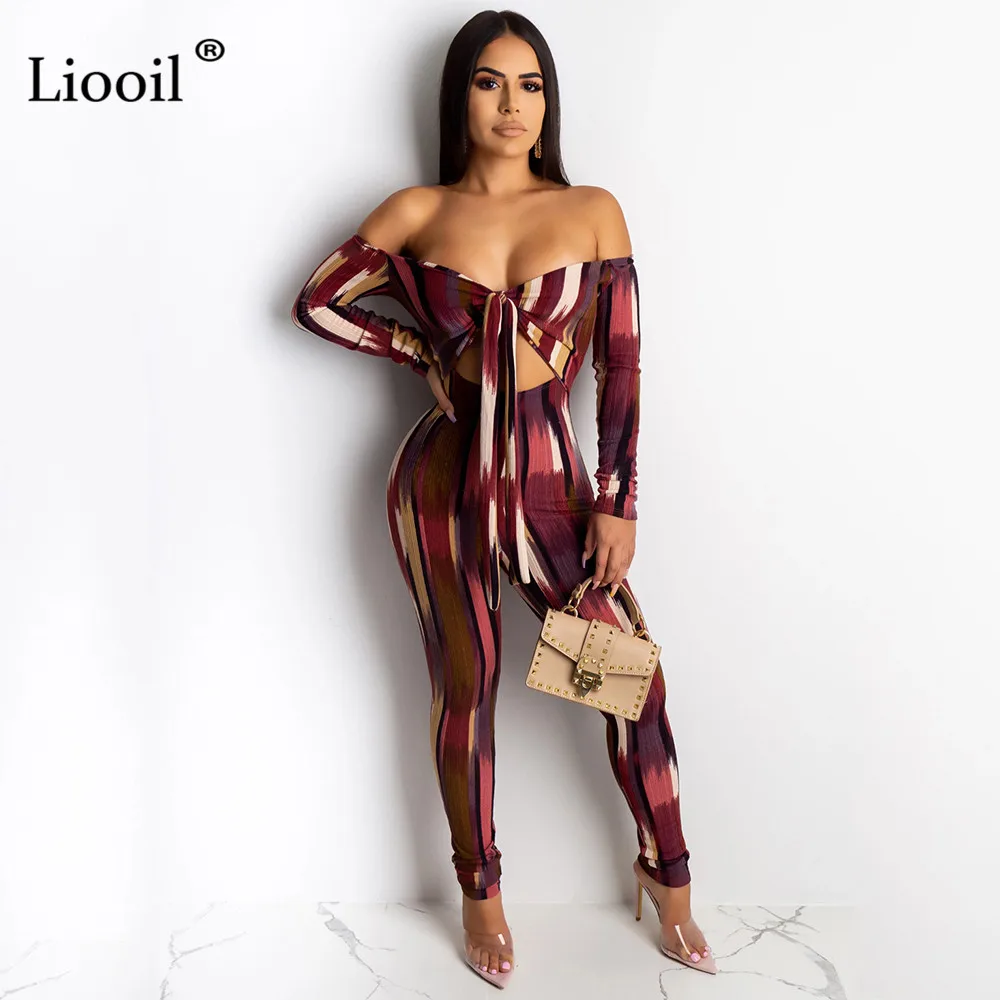 Liooil платье в полоску, с открытыми плечами эротичный вырез Облегающий комбинезон Клубная одежда осень длинный рукав Высокая талия облегающие вечерние женские комбинезоны - Цвет: Rose Red