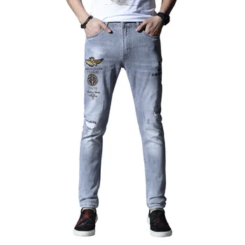 

New mens jeans embroider ripped jeans for men stretch skinny pants trousers hip hop Summer Spring light grey