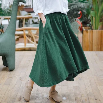 

Cotton Long Pleated Skirts For Women Loose A Line Irregular Women's Skirt Casual Big Size Green Skirt Female Nature
