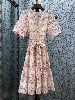 

2020 Spring and Summer New Women's Crew Neck V-neck Port Slit Decorative Lacing Tie Waist Hugging Floral Printed Dress 627