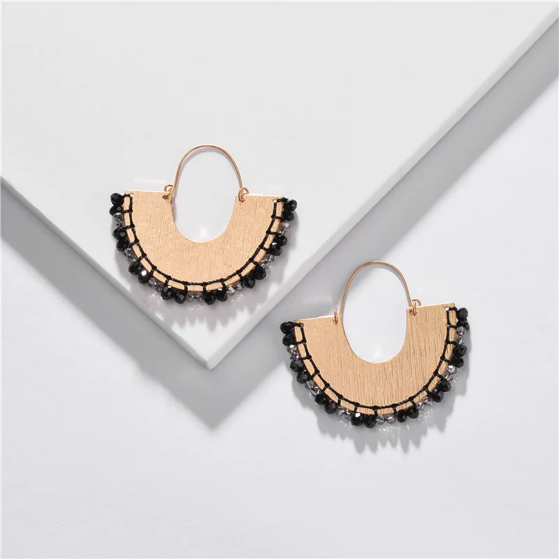 Gold Color Cryatsl Beads Earrings for Women Unique Fan Shaped Handmade Earring Bohemian Delicate Earing Wedding Jewelry