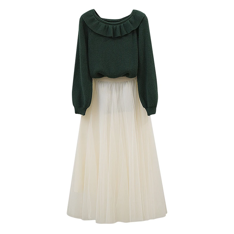 

Suit Students New Dolls 2019 Fall And Winter Pullover O Neck Sweater Net Veil Pleated Skirt Two-Piece Outfit Women