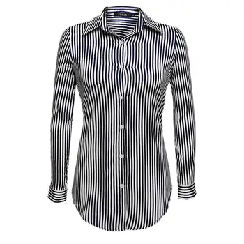 

Finejo Women Fashion Casual Button Down Striped Long Lapel Shirt Pocket All Season Tops Sleeve