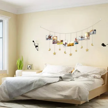

Hanging Photo Display Wood Stars Garland with Chains Picture Frame Collage with 30 Wood Clips Wall Art Decoration