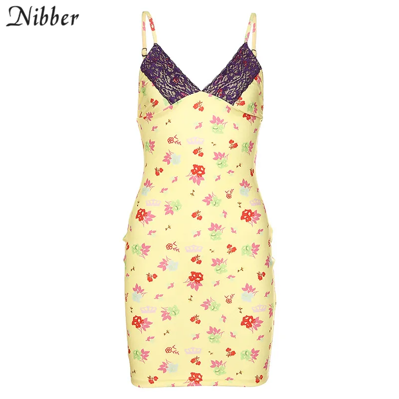 NIBBER, сексуальное кружевное платье с v-образным вырезом, с принтом, на тонких бретельках, платья, камзол, вечерние, мини, облегающее платье, милое, элегантное, стильное, тонкое, мягкое, летнее - Цвет: Цвет: желтый