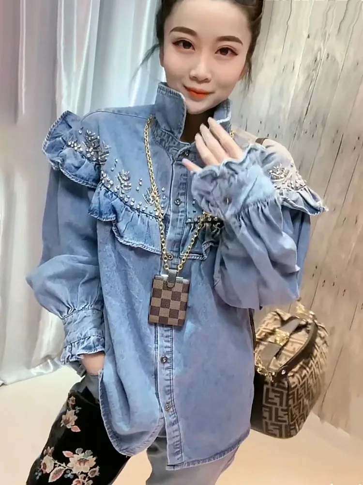 

Female Shirt Woman 2020 Spring New European Goods Hand Studed Drill Lapel Ruffle Trim Long-Sleeve Temperament Denim Shirt Blouse