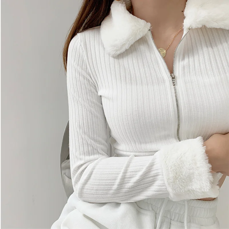 TVVOVVIN Fashion Fur Collar Long Sleeve Slim Knitted Cardigan Solid Color Screw Thread Open Navel Zipper Sweater Khz3