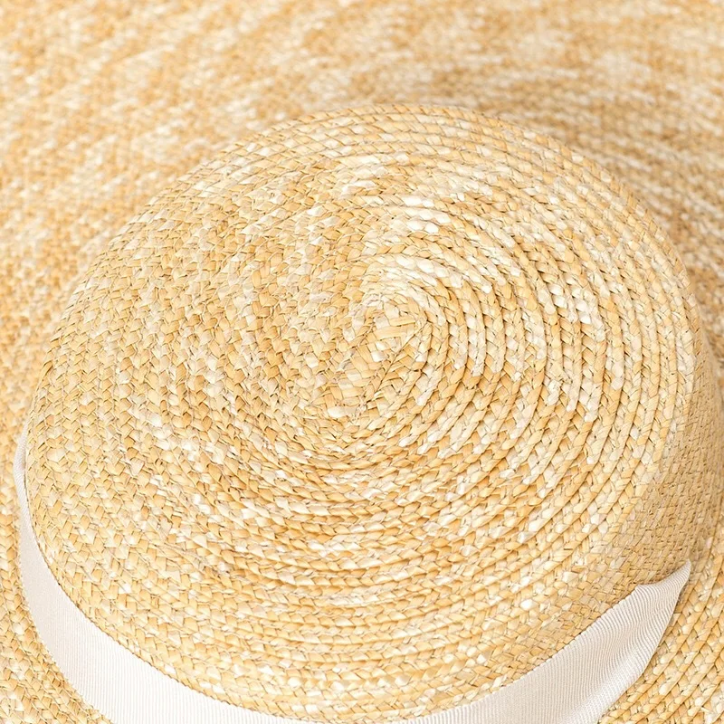 Cappello da sole a tesa larga 15 cm, cappello di paglia piatto per donna, cappelli da spiaggia bianchi e neri con laccetti, cappello laterale da spiaggia, cappello floscio da donna in rafia di paglia_voghion.com